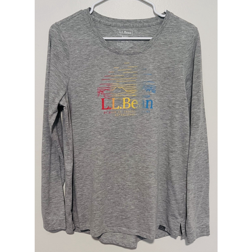 LL Bean Logo Graphic Tee Women's Medium Gray Long Sleeve Freeport Maine 1912